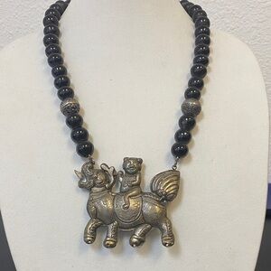 Antique Silver and Black Beaded Necklace with Unique Pendant